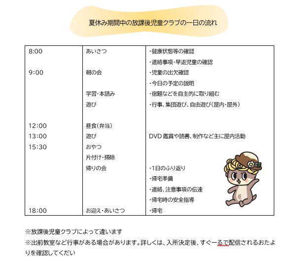 夏休み期間中の放課後児童クラブの一日の流れ